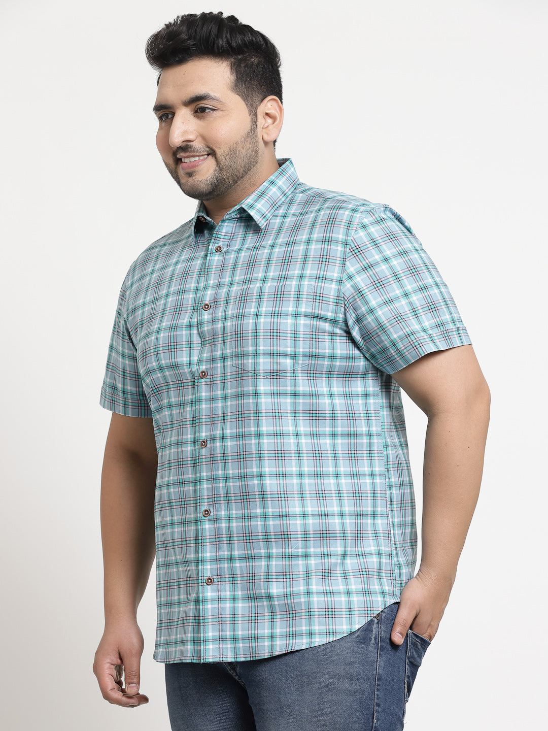 Plus Size Men Sea Green Tartan Checks Checked Cotton Casual Shirt