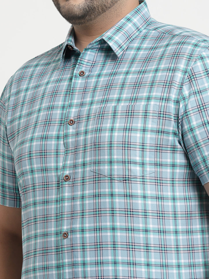 Plus Size Men Sea Green Tartan Checks Checked Cotton Casual Shirt