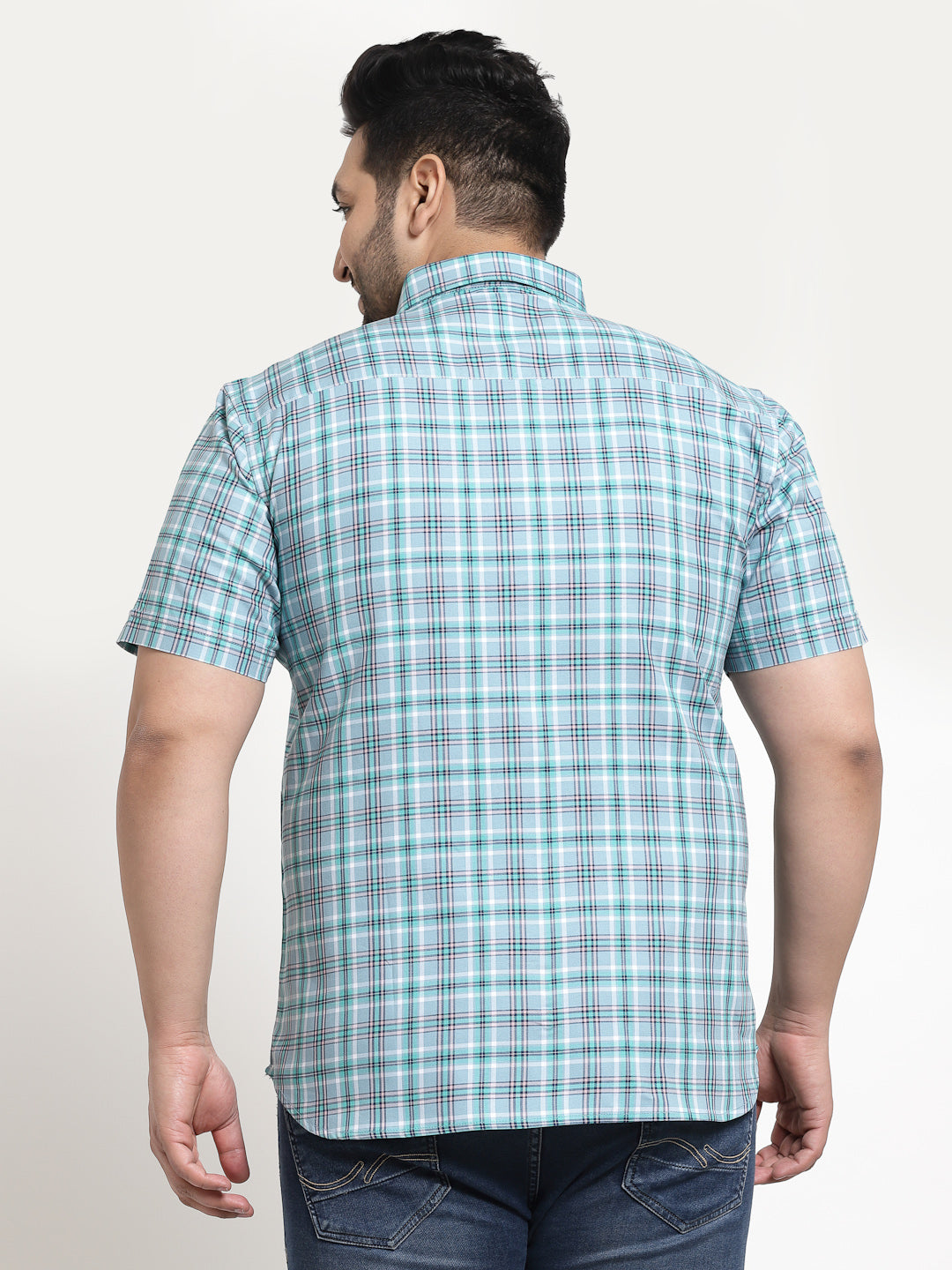 Plus Size Men Sea Green Tartan Checks Checked Cotton Casual Shirt