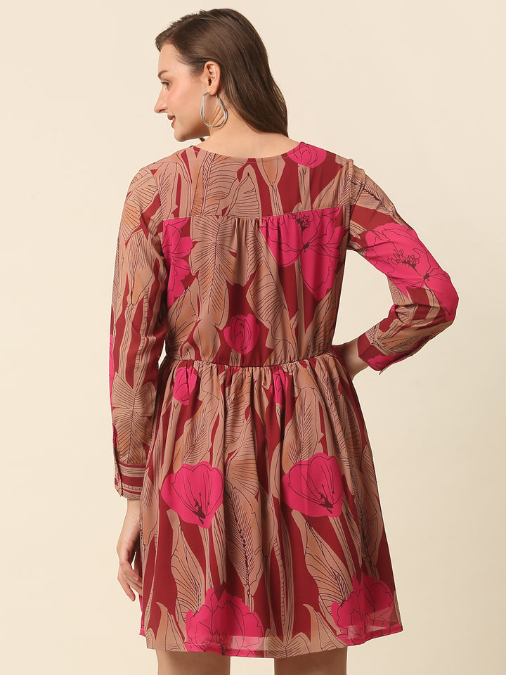 Pink  Brown Floral Printed Puff Sleeves Smocked A-Line Dress