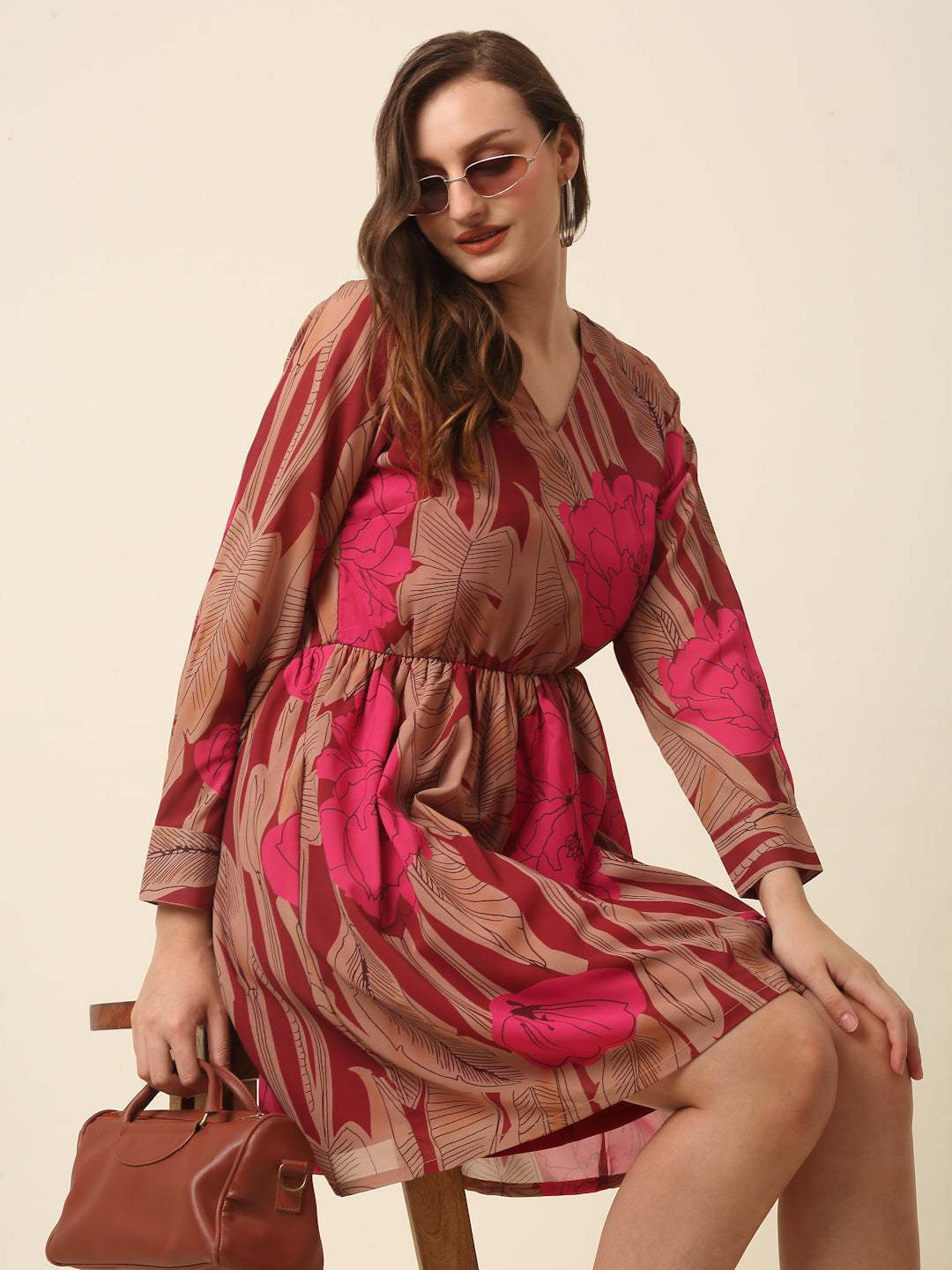 Pink  Brown Floral Printed Puff Sleeves Smocked A-Line Dress