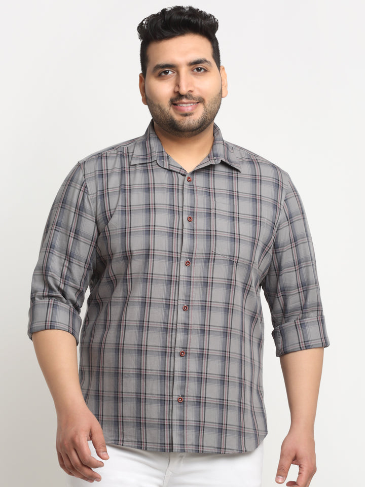 plusS Tartan Checked Spread Collar Cotton Casual Shirt