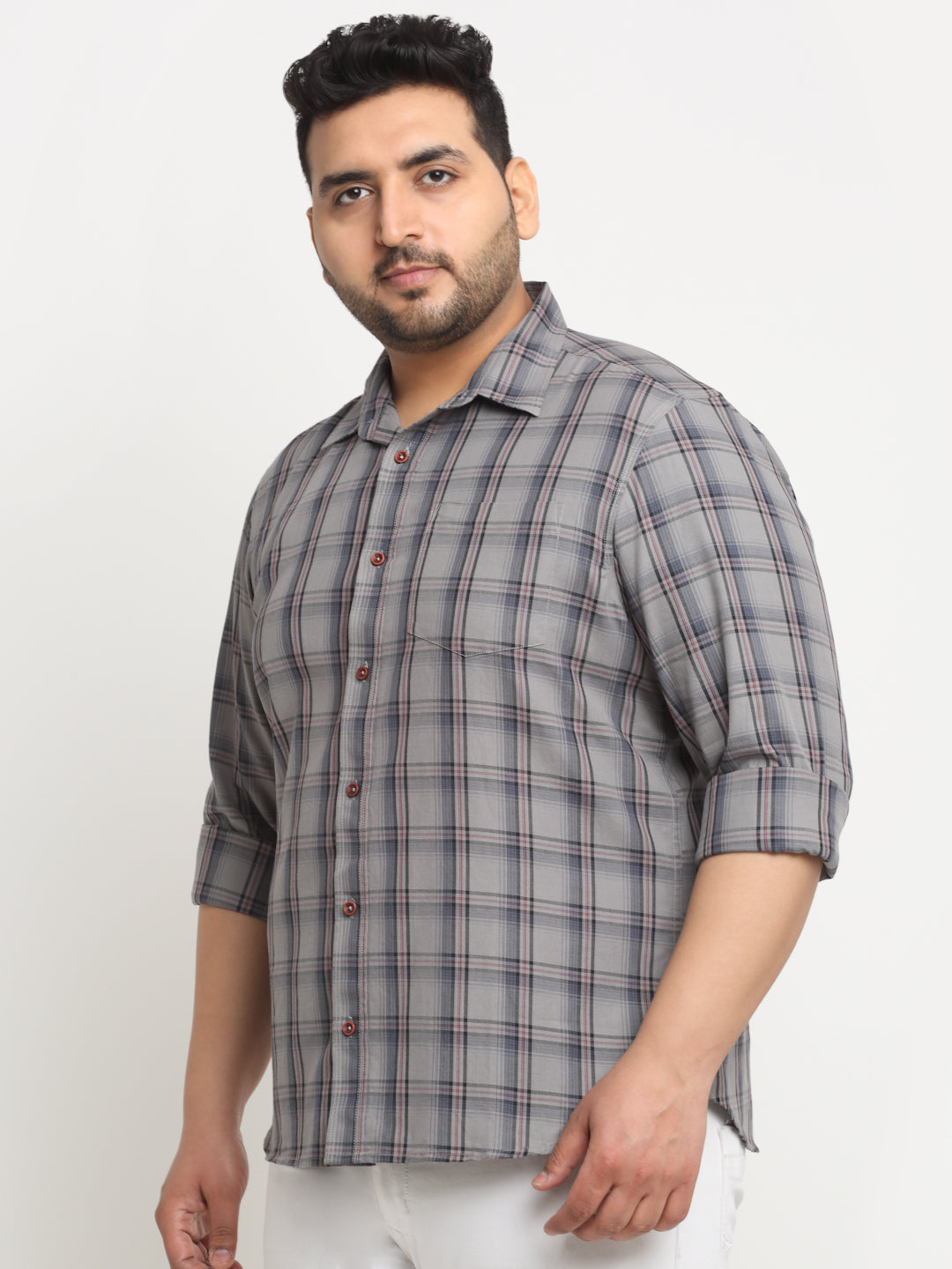 plusS Tartan Checked Spread Collar Cotton Casual Shirt