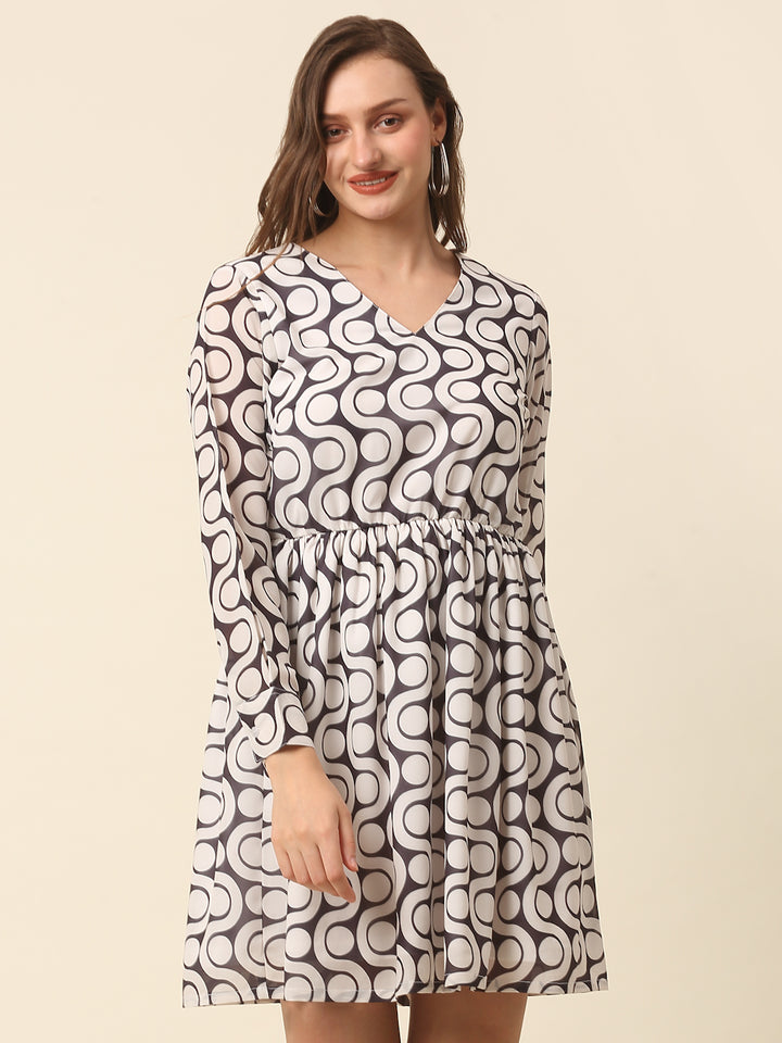 White  Black Monochrome Geometric Printed Puff Sleeves Gathered A-Line Dress