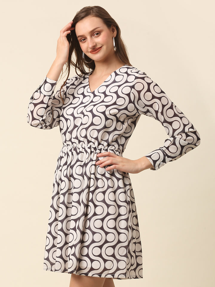 White  Black Monochrome Geometric Printed Puff Sleeves Gathered A-Line Dress