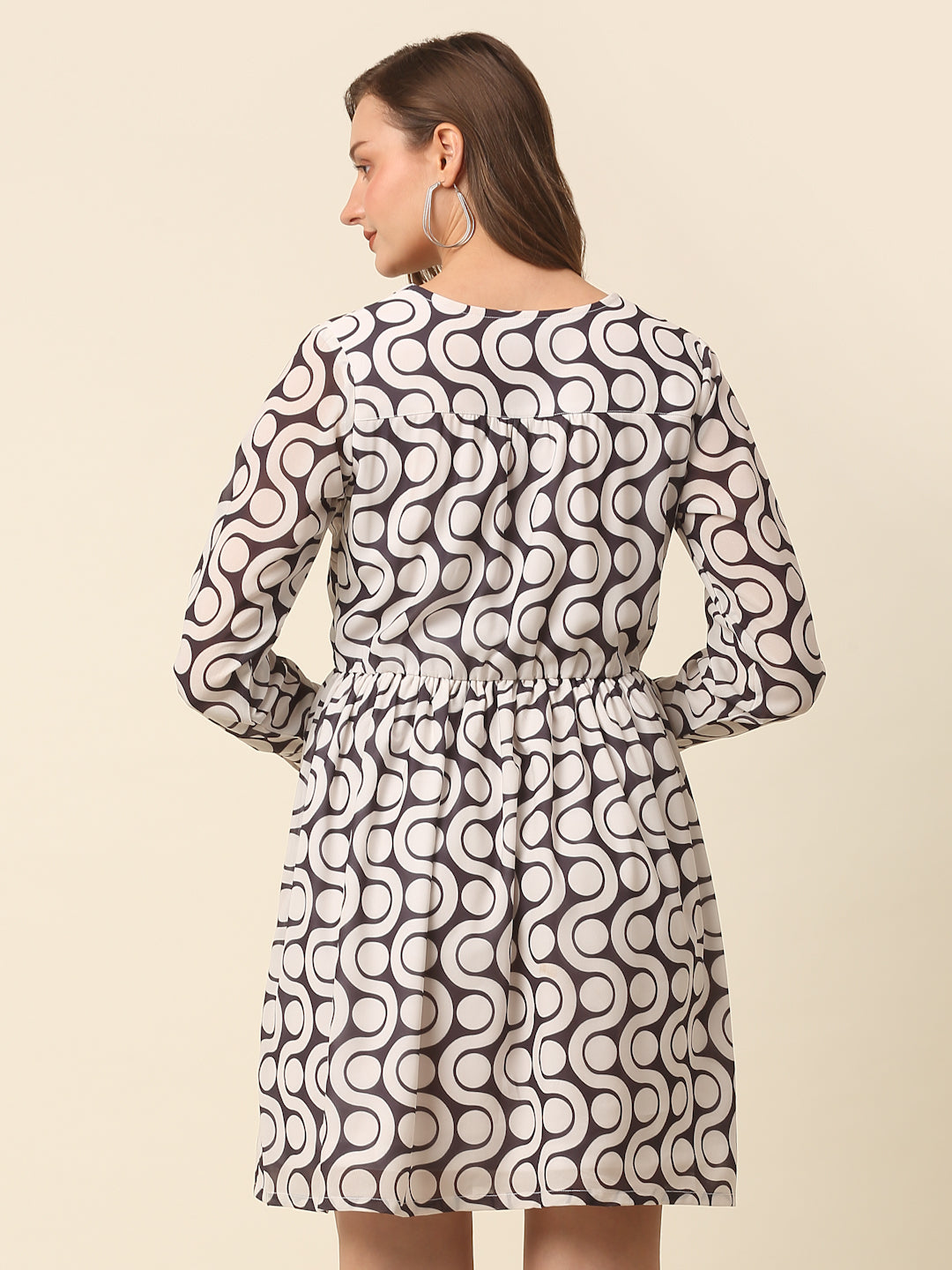 White  Black Monochrome Geometric Printed Puff Sleeves Gathered A-Line Dress