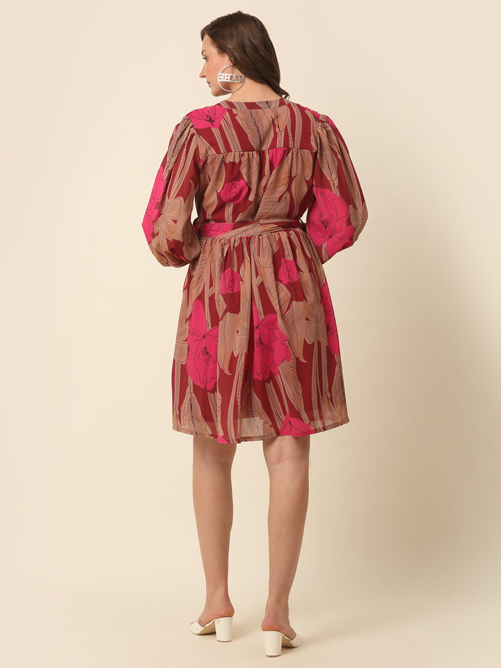 Pink Floral Printed Puff Sleeves Fit  Flare Dress With Belt