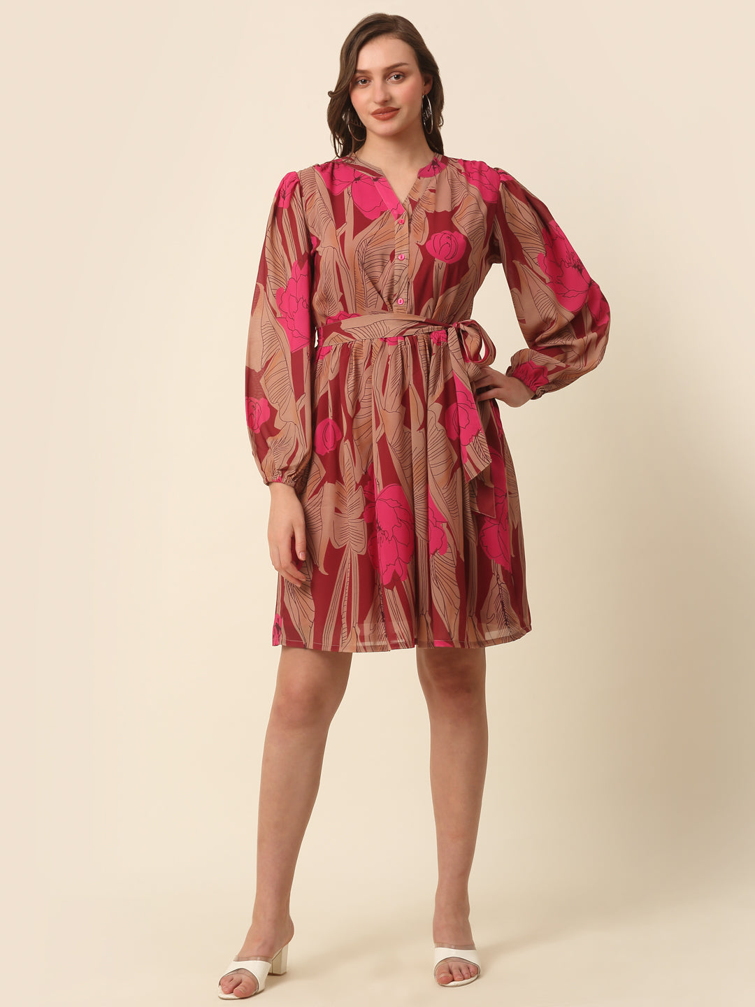 Pink Floral Printed Puff Sleeves Fit  Flare Dress With Belt