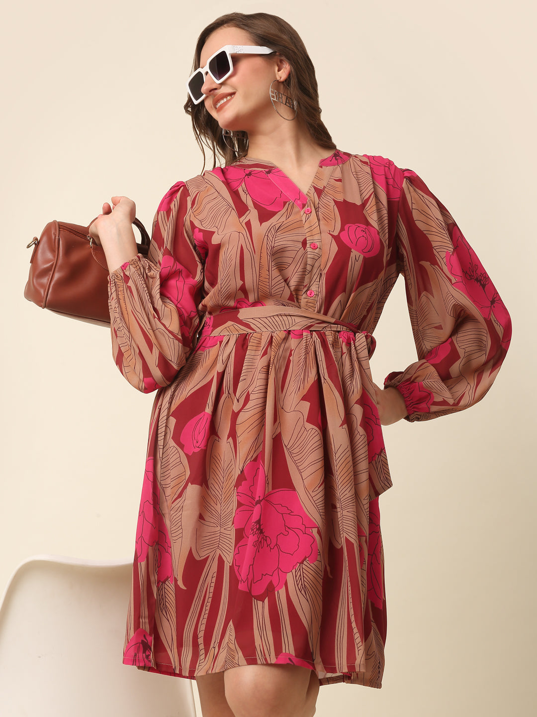 Pink Floral Printed Puff Sleeves Fit  Flare Dress With Belt