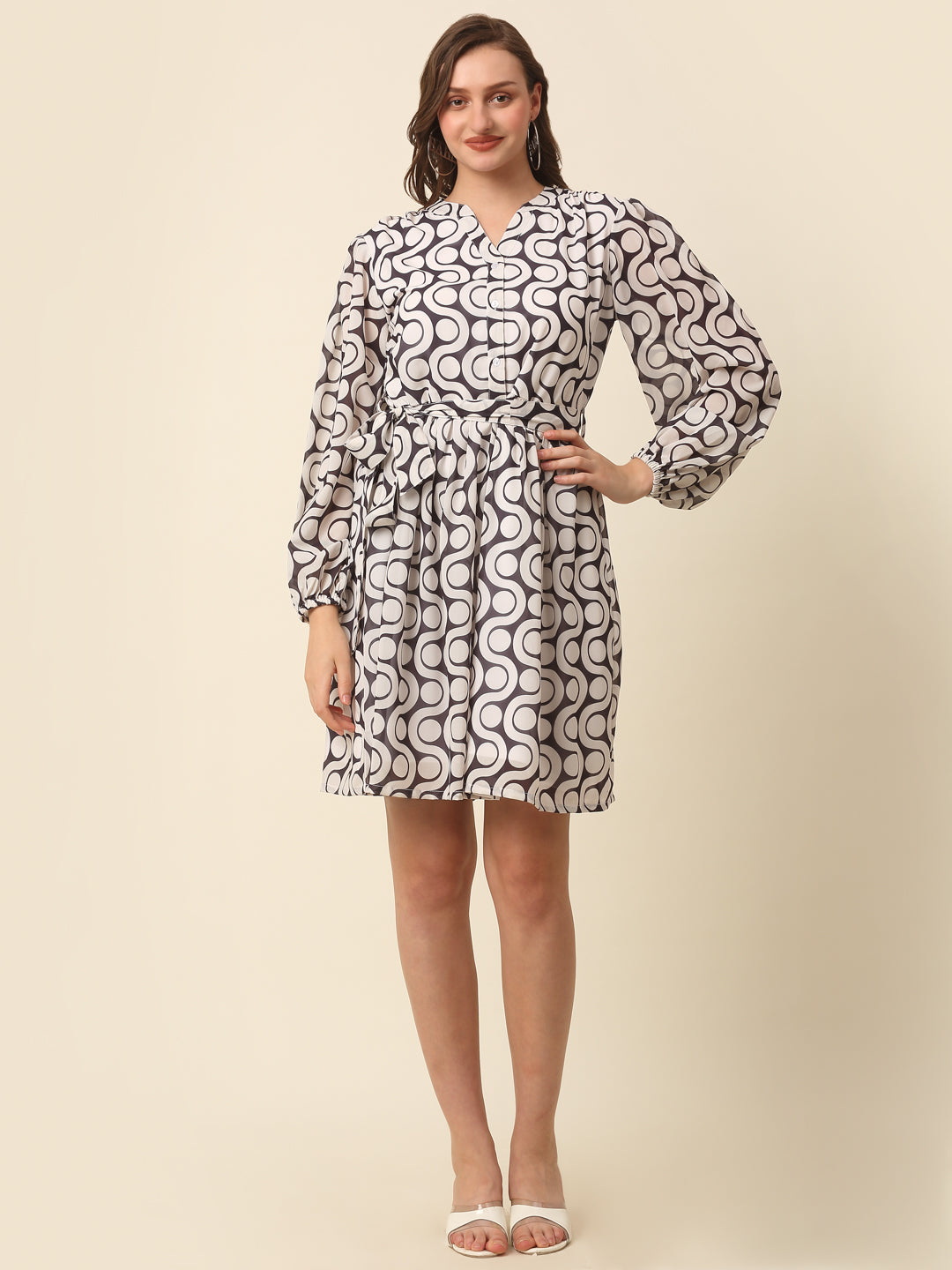 White  Black Monochrome Geometric Printed Puff Sleeves Gathered Fit  Flare Dress