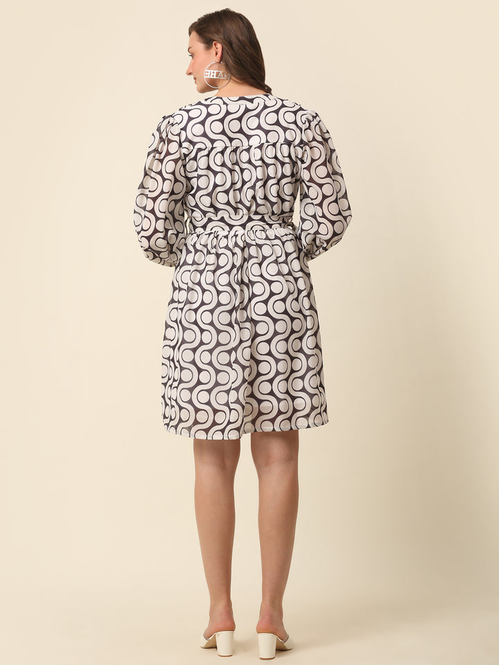 White  Black Monochrome Geometric Printed Puff Sleeves Gathered Fit  Flare Dress