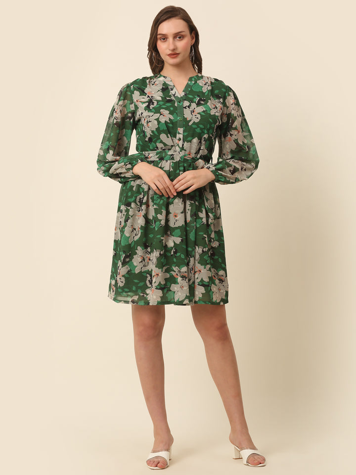 Green  Beige Floral Printed Puff Sleeves Gathered Fit  Flare Dress