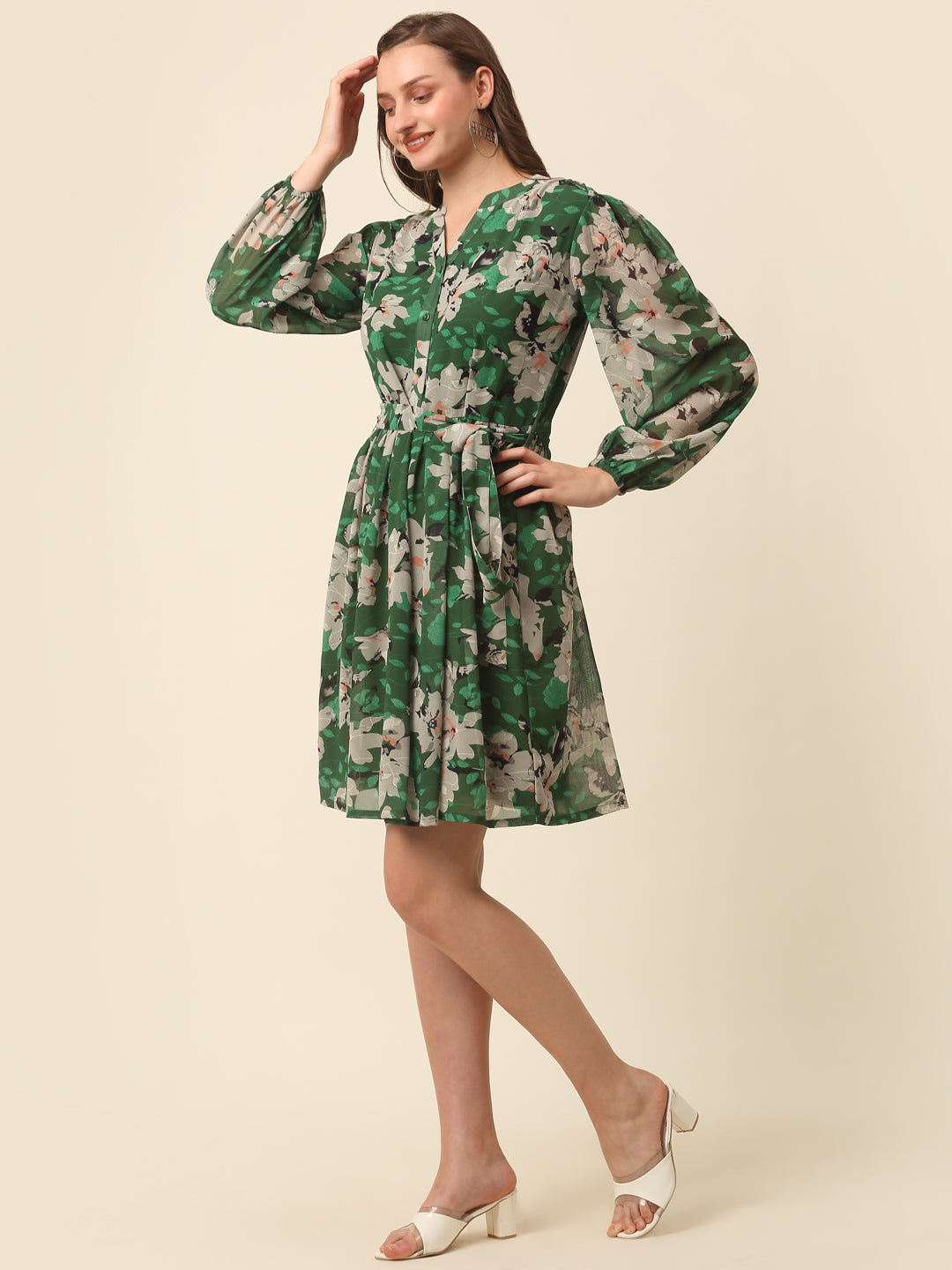 Green  Beige Floral Printed Puff Sleeves Gathered Fit  Flare Dress