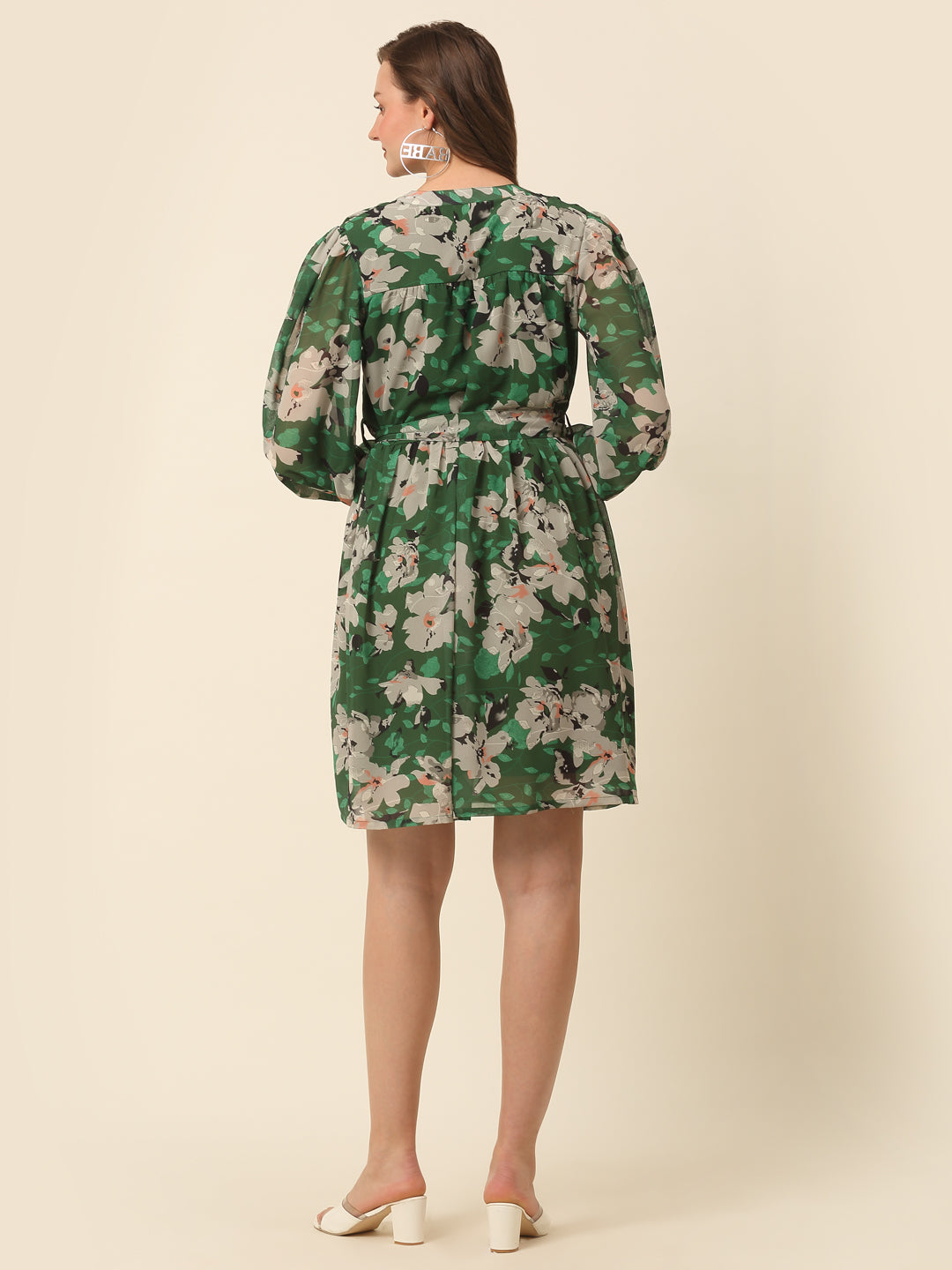 Green  Beige Floral Printed Puff Sleeves Gathered Fit  Flare Dress