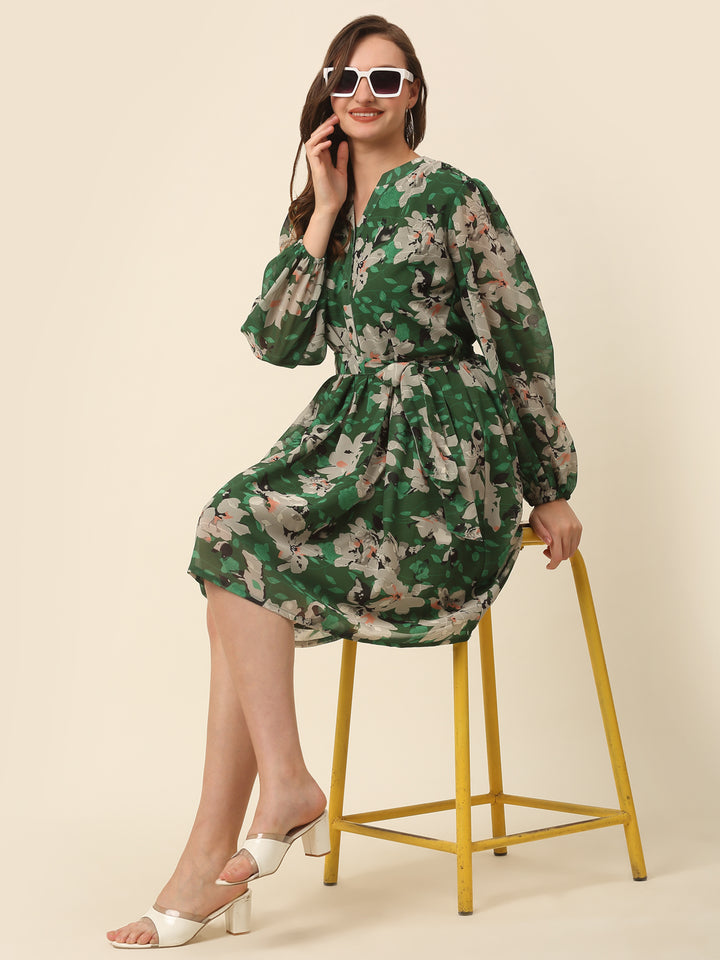 Green  Beige Floral Printed Puff Sleeves Gathered Fit  Flare Dress