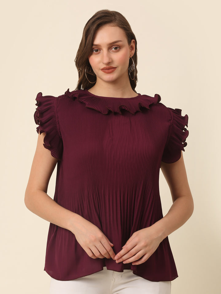 Burgundy Flutter Sleeve Ruffles Top