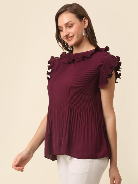 Burgundy Flutter Sleeve Ruffles Top