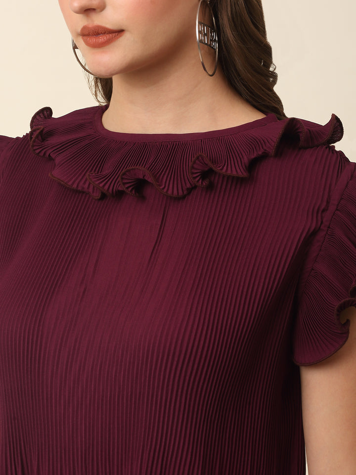 Burgundy Flutter Sleeve Ruffles Top