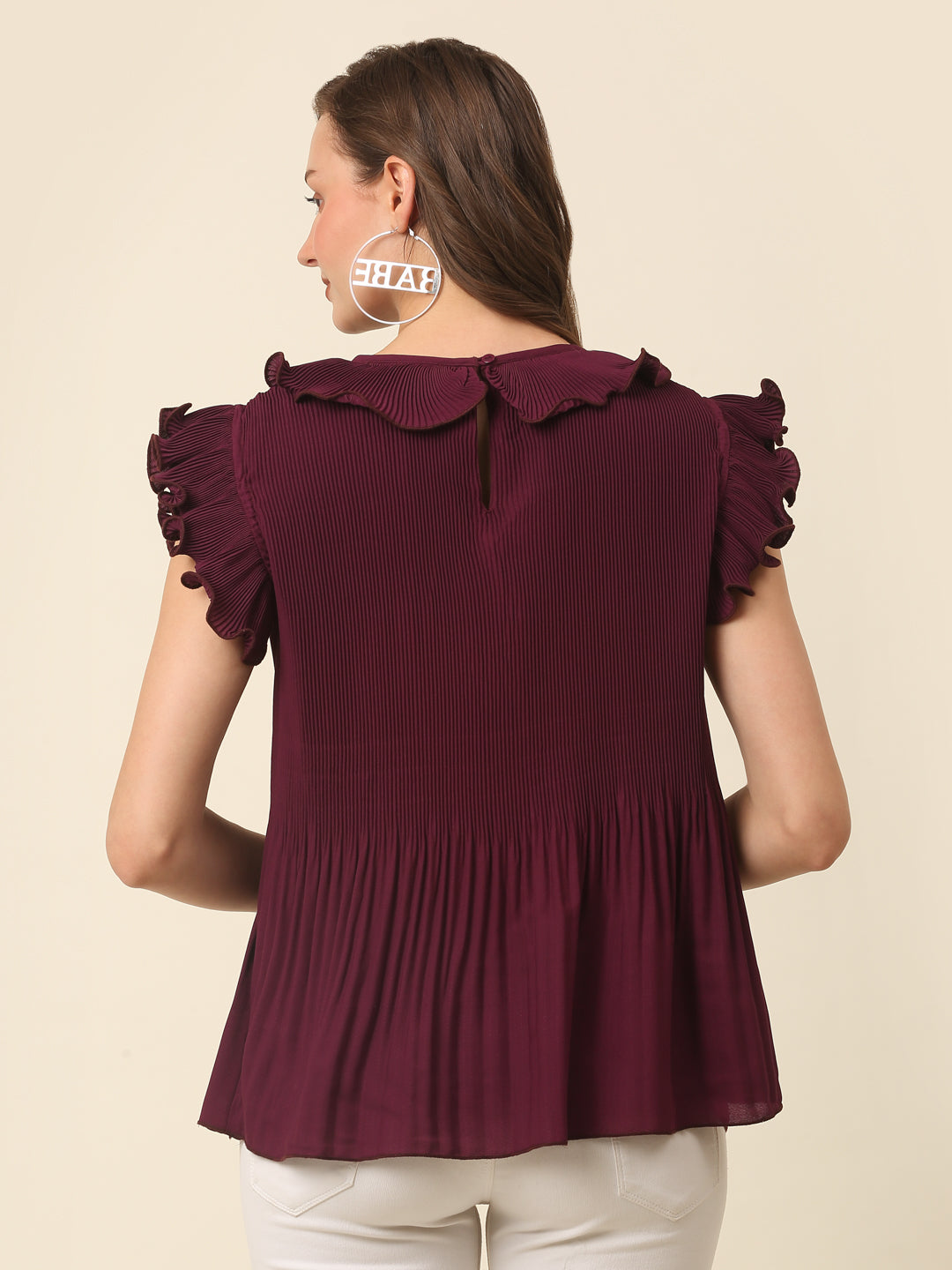 Burgundy Flutter Sleeve Ruffles Top