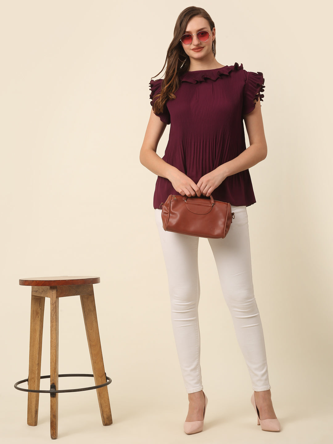 Burgundy Flutter Sleeve Ruffles Top