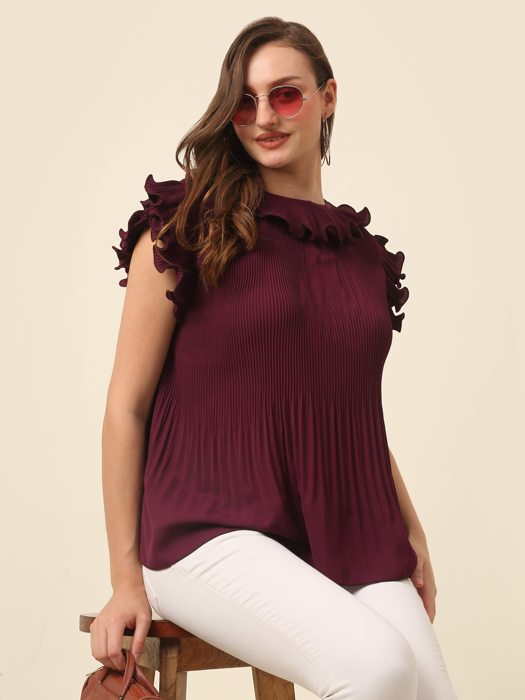 Burgundy Flutter Sleeve Ruffles Top