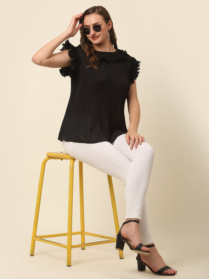 Black Flutter Sleeve Ruffles Top