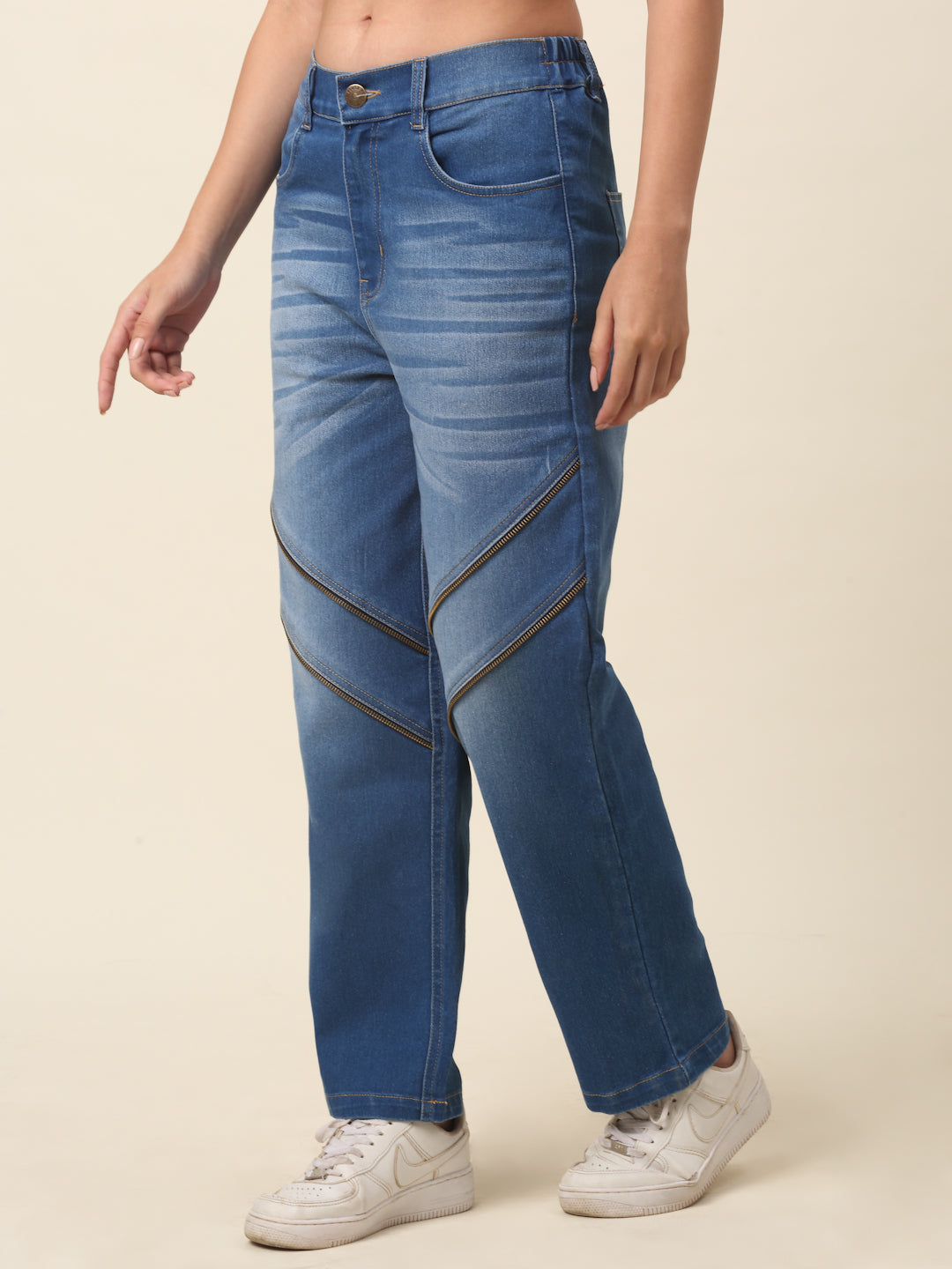 plusS Women Blue Heavy Fade Whiskers and chevrons Effect Stretchable Cotton Jeans