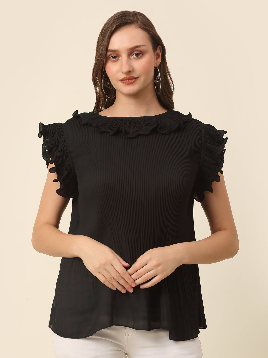 Black Flutter Sleeve Ruffles Top