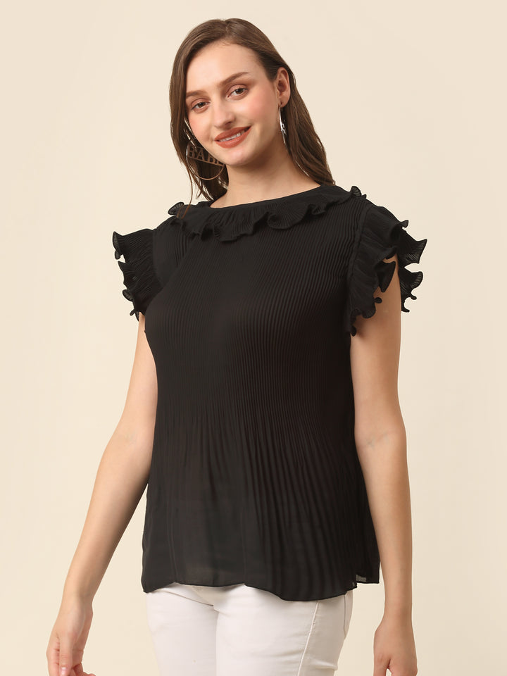 Black Flutter Sleeve Ruffles Top