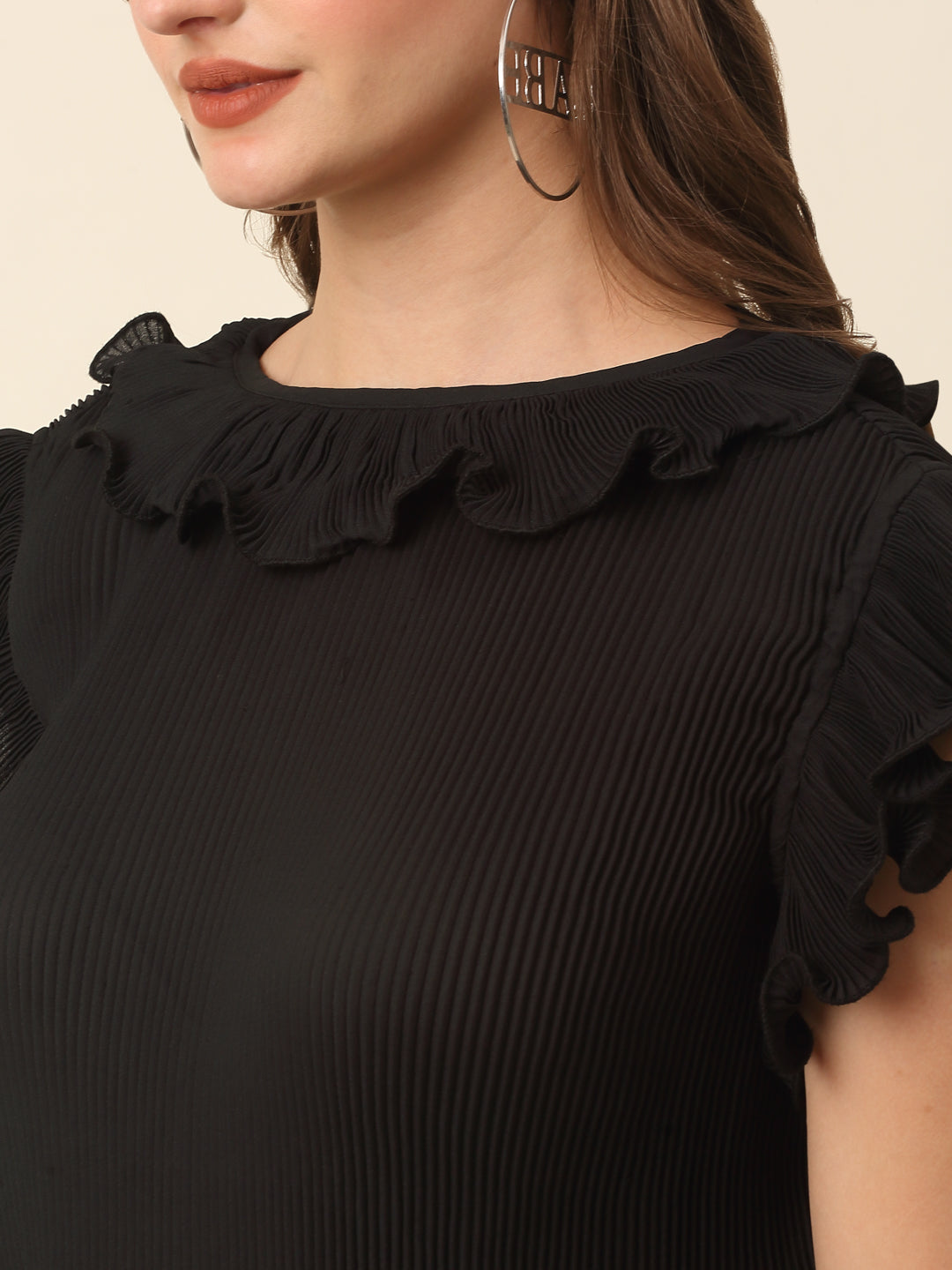 Black Flutter Sleeve Ruffles Top