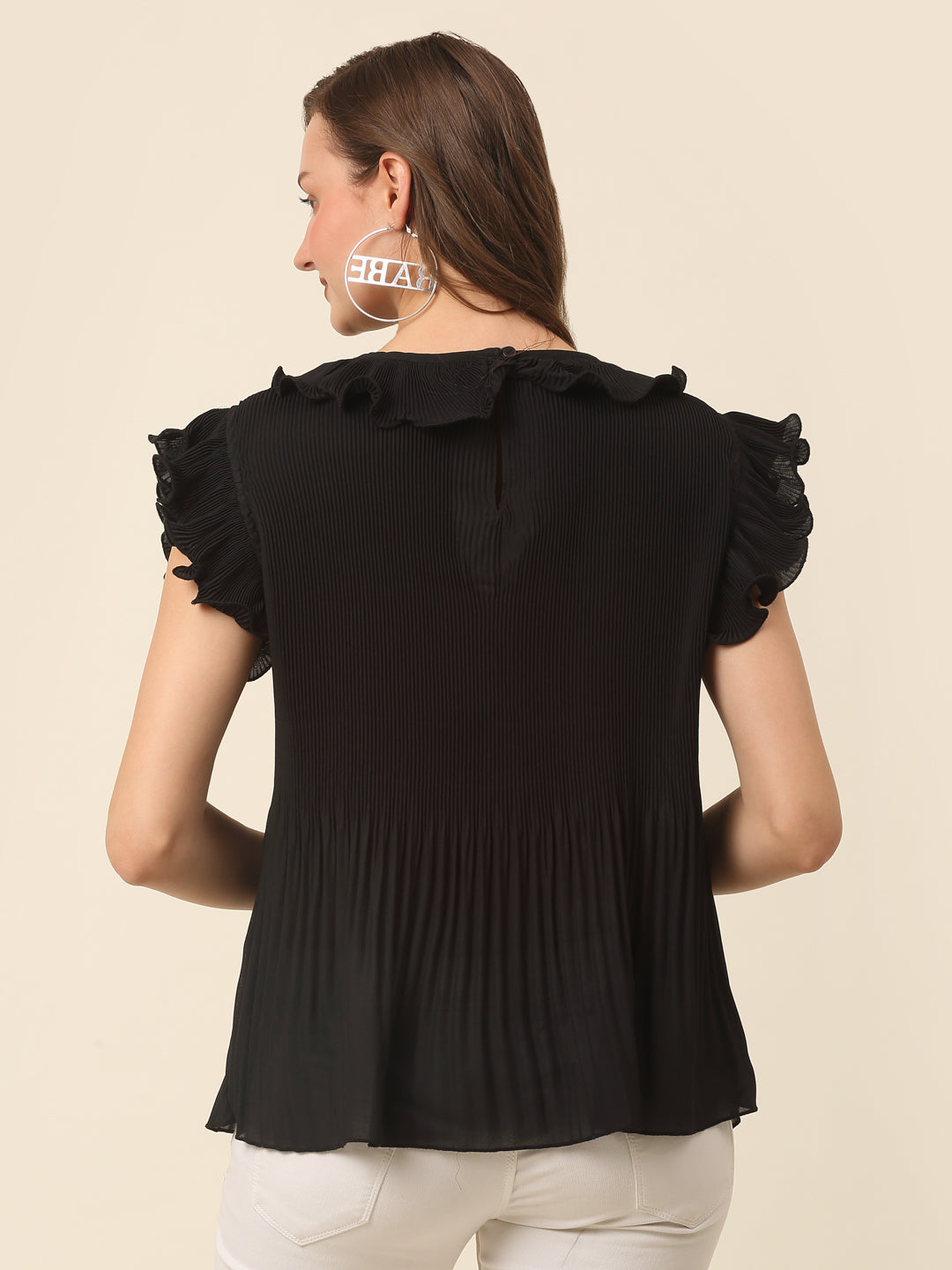 Black Flutter Sleeve Ruffles Top