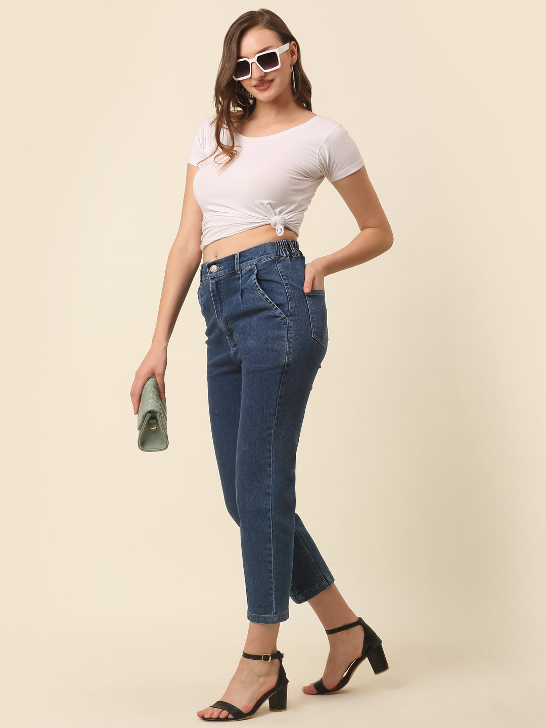 Women Stylish Blue High-Rise Regular Fit Cropped Stretchable Jeans