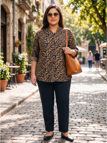 Plus Size Women's Printed V-Neck with 3/4th Sleeve Top Sizes 3XL to 8XL