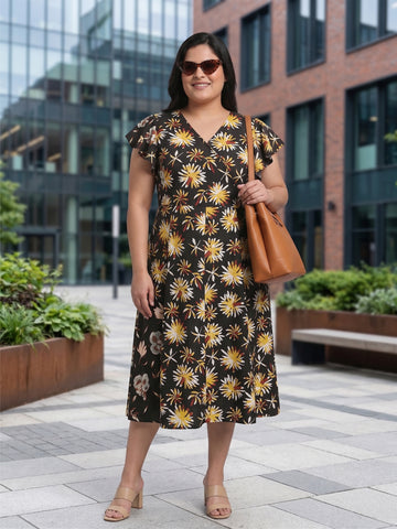 Plus Size Flutter Sleeve Fit & Flare Midi Dress