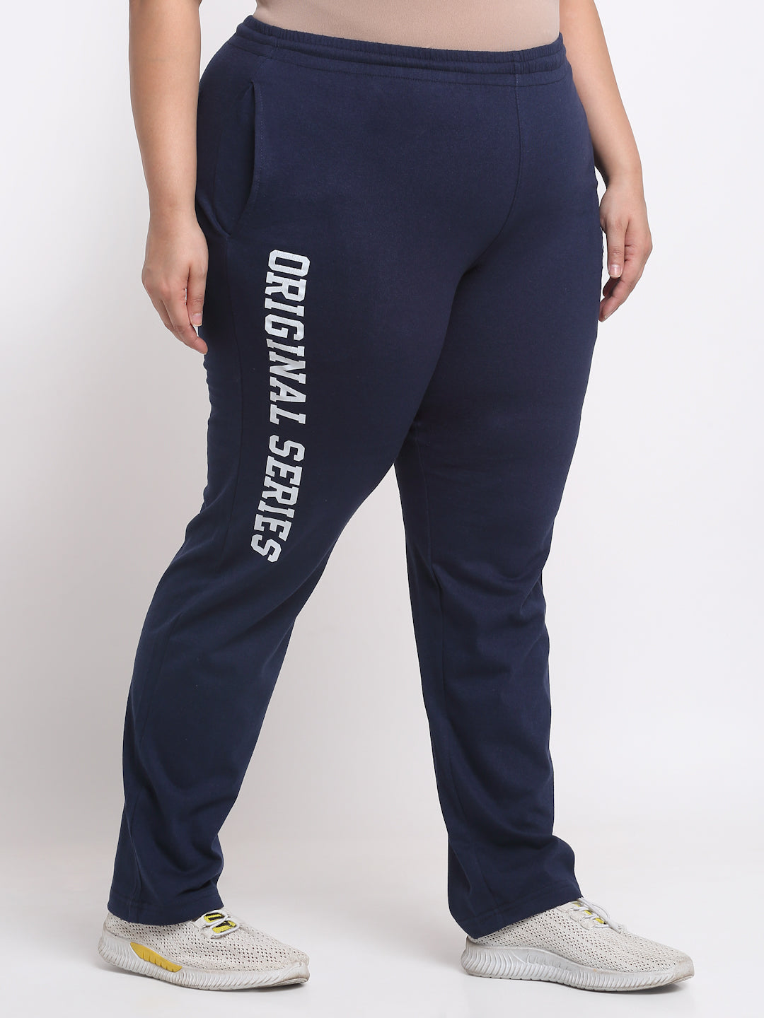Plus Size Women  Navy Blue Typography Printed Mid Rise Cotton Track Pants