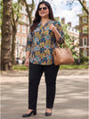 Plus Size Women's Printed V-Neck Polyester Top with 3/4 Sleeves and Button Closure | Sizes 3XL to 8XL