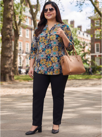 Plus Size Women's Printed V-Neck Polyester Top with 3/4 Sleeves and Button Closure | Sizes 3XL to 8XL