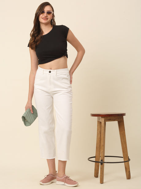 plusS Women White Regular Fit, Mid-Rise Stretchable Cotton Jeans