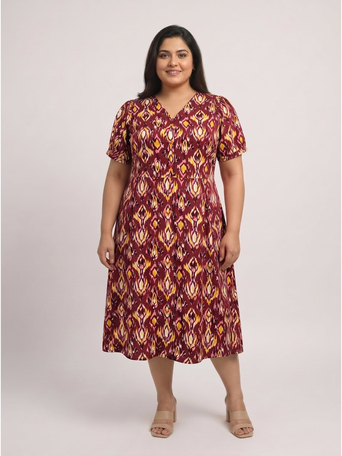 Plus Size Women's Floral Print A-Line V-Neck Midi Dress | Soft Rayon Fabric | Regular Fit | Sizes 3XL to 8XL