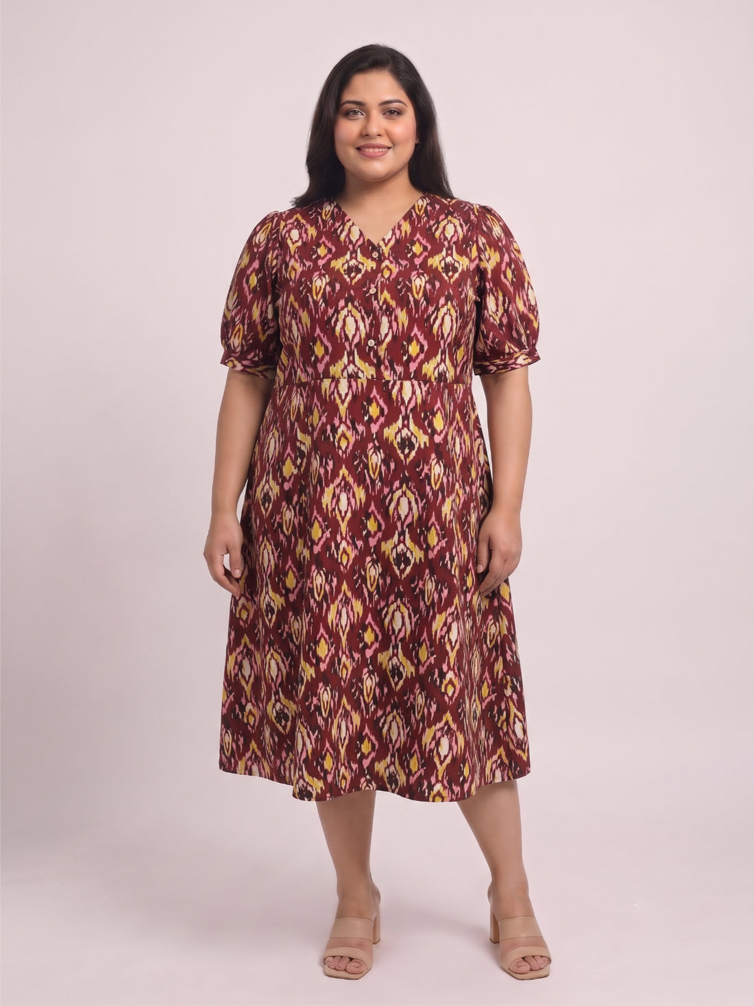 Plus Size Women’s Floral Printed Polyester A-Line Midi Dress with V-Neck & Short Sleeves Sizes 3XL to 8XL