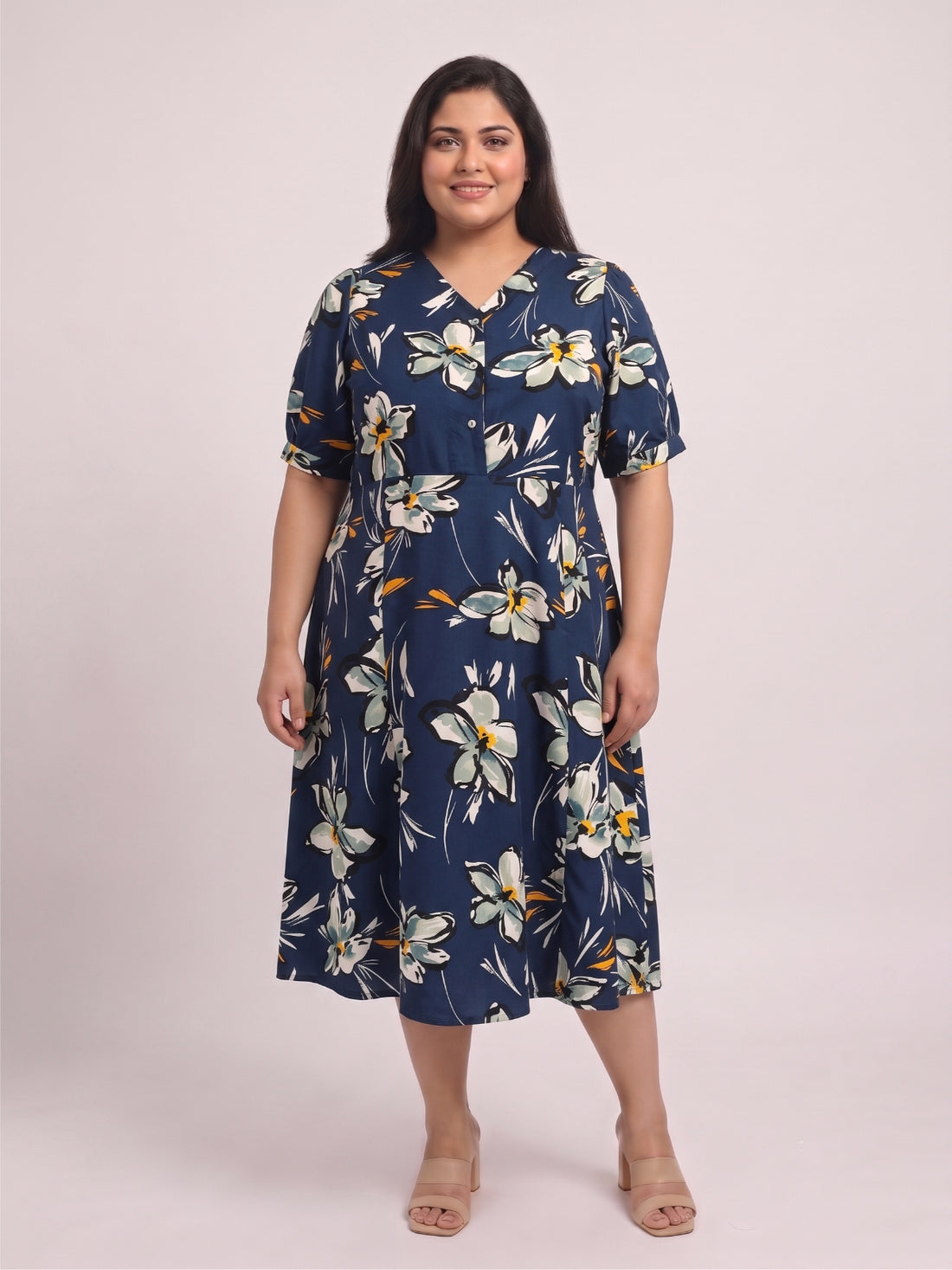 Plus Size Women’s Floral Printed Polyester A-Line Midi Dress with V-Neck & Short Sleeves Sizes 3XL to 8XL
