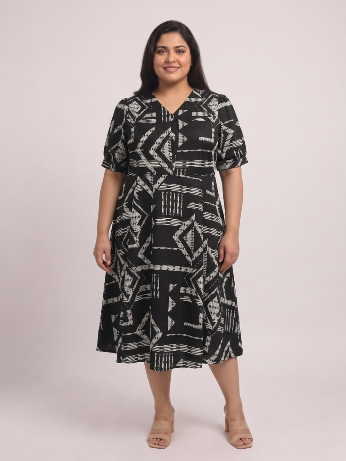 Plus Size Women’s Floral Printed Polyester A-Line Midi Dress with V-Neck & Short Sleeves Sizes 3XL to 8XL