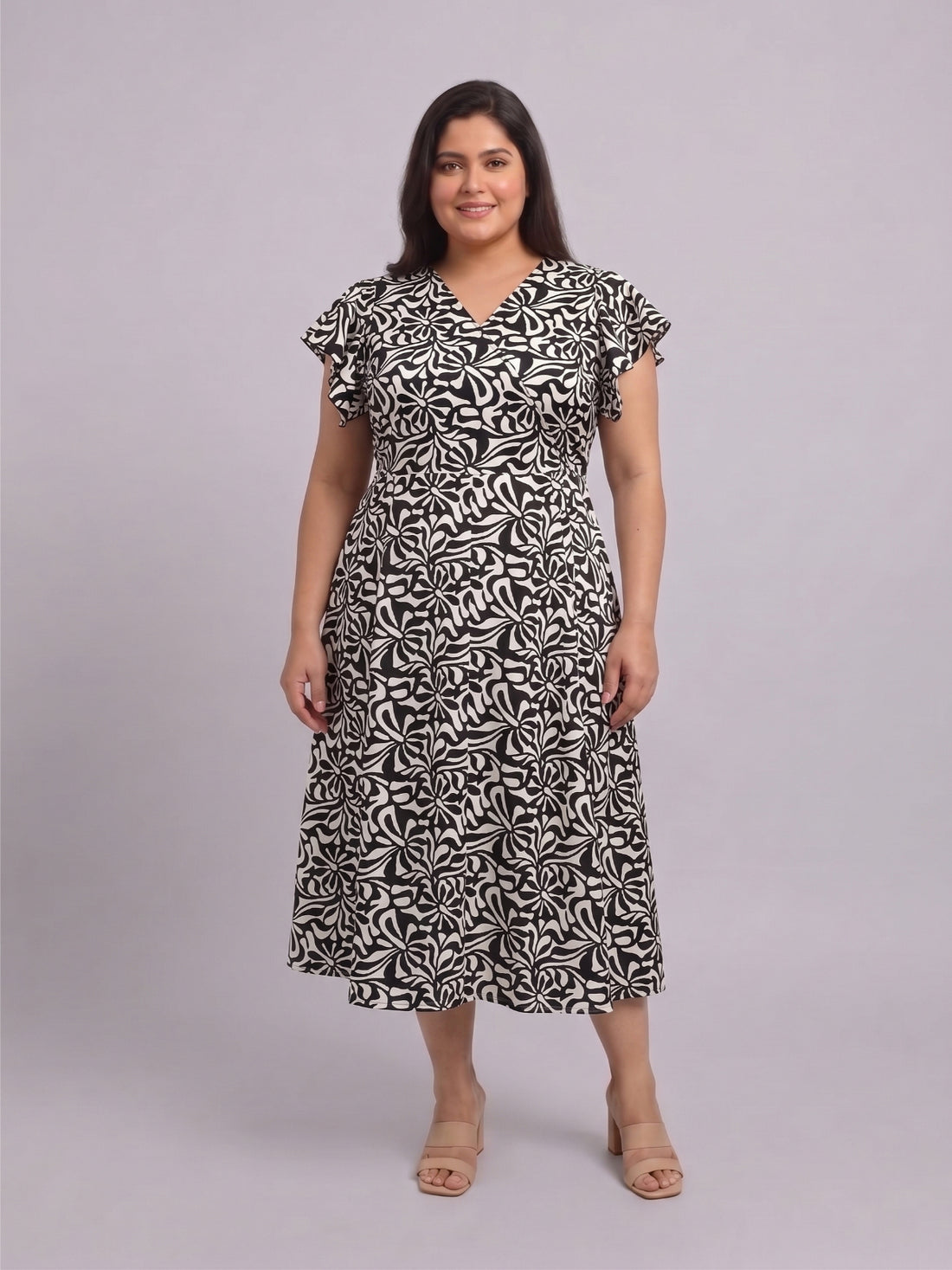 Plus Size Flutter Sleeve Fit & Flare Midi Dress