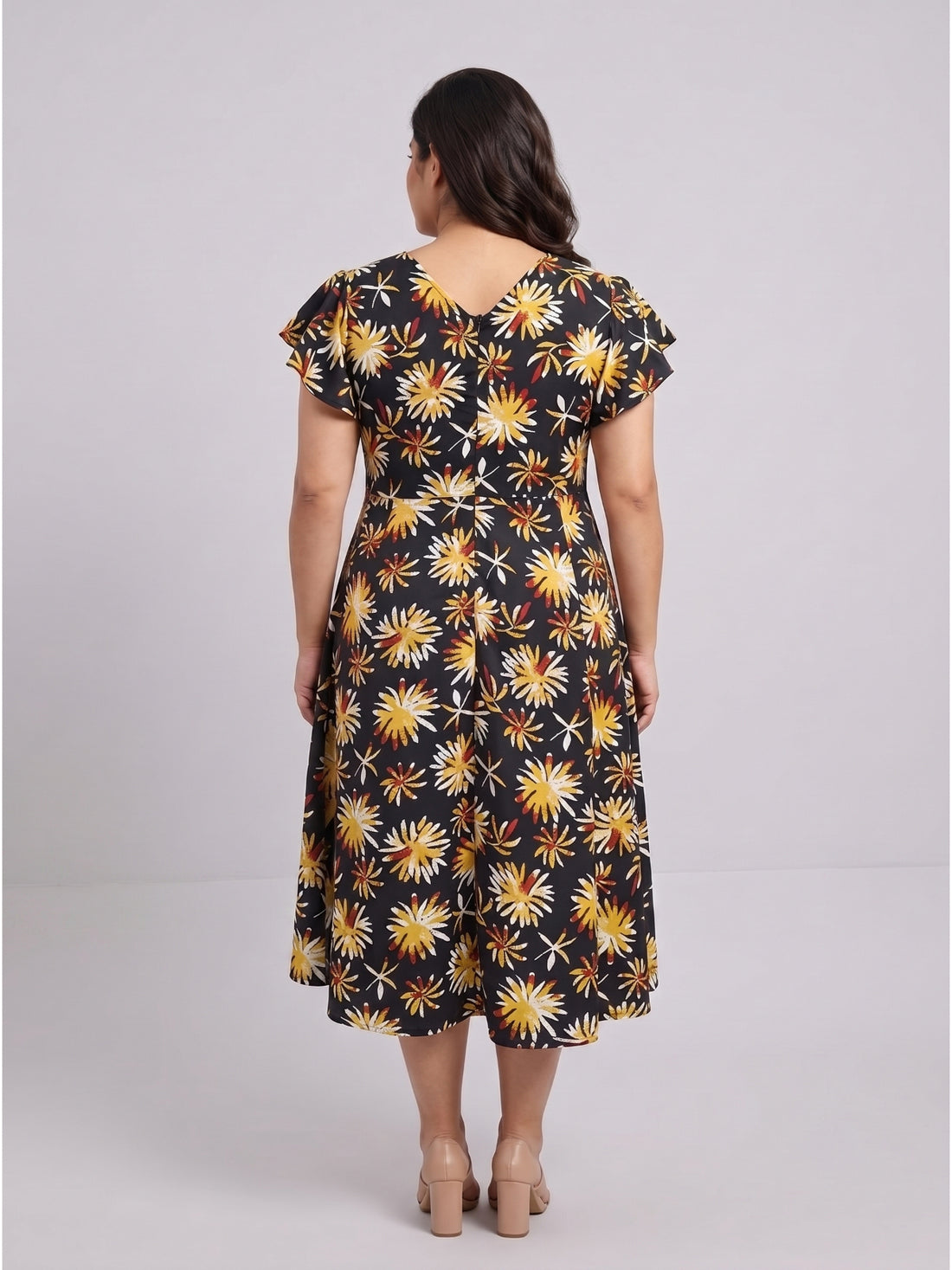 Plus Size Flutter Sleeve Fit & Flare Midi Dress