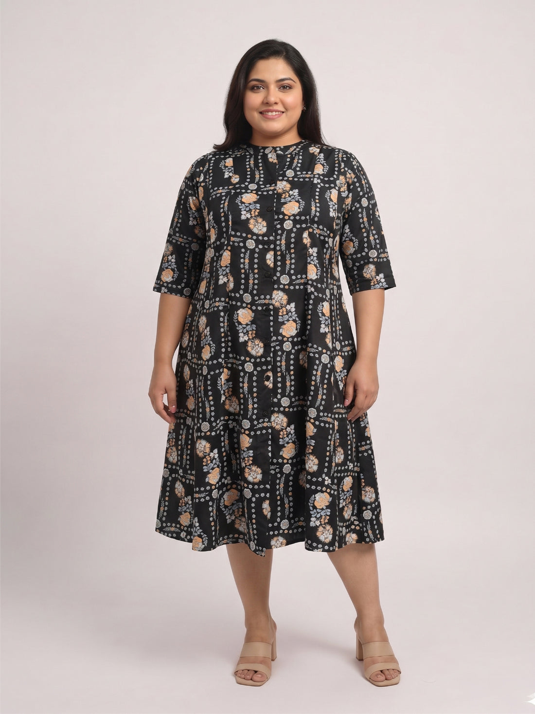 Plus Size Women's Mandarin Collar Midi A-Line Printed Button-Down 3/4 Sleeves Dress | Sizes 3XL to 8XL