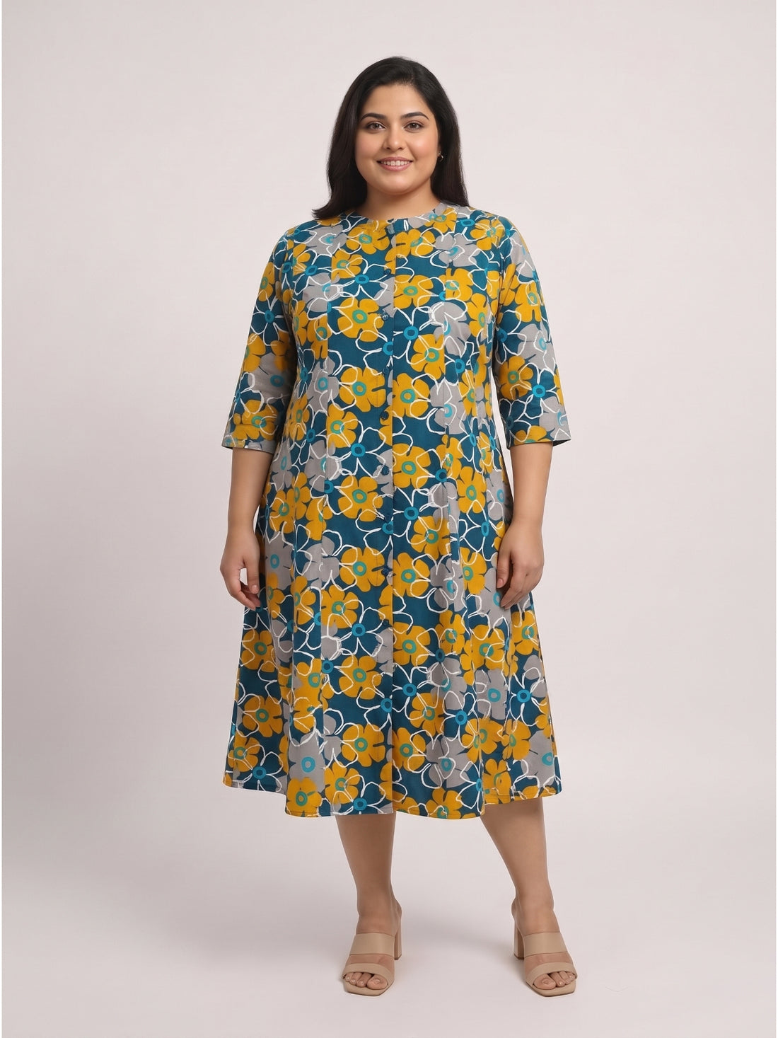 Plus Size Women's Mandarin Collar Midi A-Line Printed Button-Down 3/4 Sleeves Dress | Sizes 3XL to 8XL