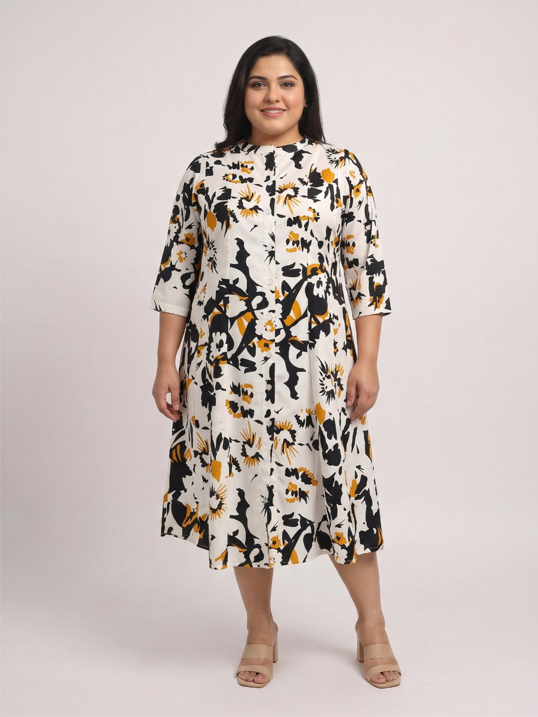 Plus Size Women's Mandarin Collar Midi A-Line Printed Button-Down 3/4 Sleeves Dress | Sizes 3XL to 8XL
