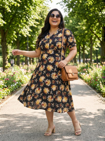 Plus Size Women's Floral Print A-Line V-Neck Midi Dress | Soft Rayon Fabric | Regular Fit | Sizes 3XL to 8XL