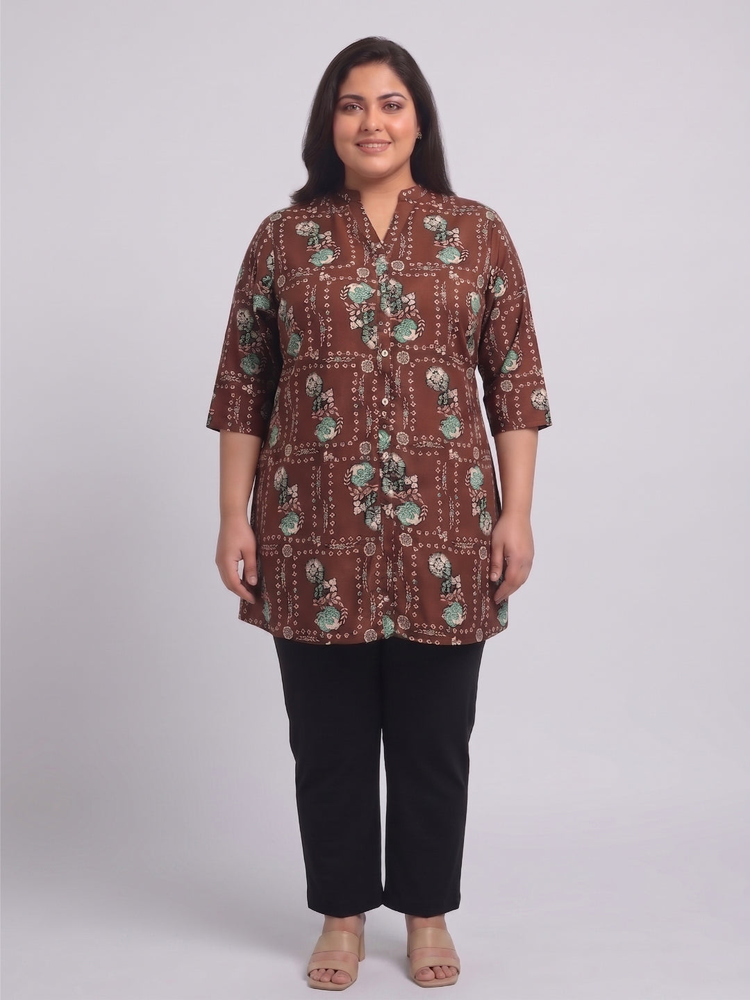 Plus Size Women's Printed Polyester 3/4 Sleeves V-Neck Tunic Sizes 3XL to 8XL