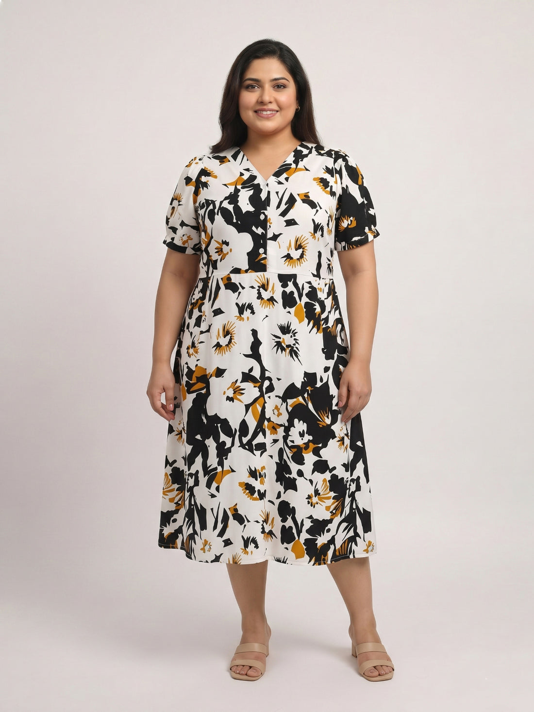 Plus Size Women's Floral Print A-Line V-Neck Midi Dress | Soft Rayon Fabric | Regular Fit | Sizes 3XL to 8XL